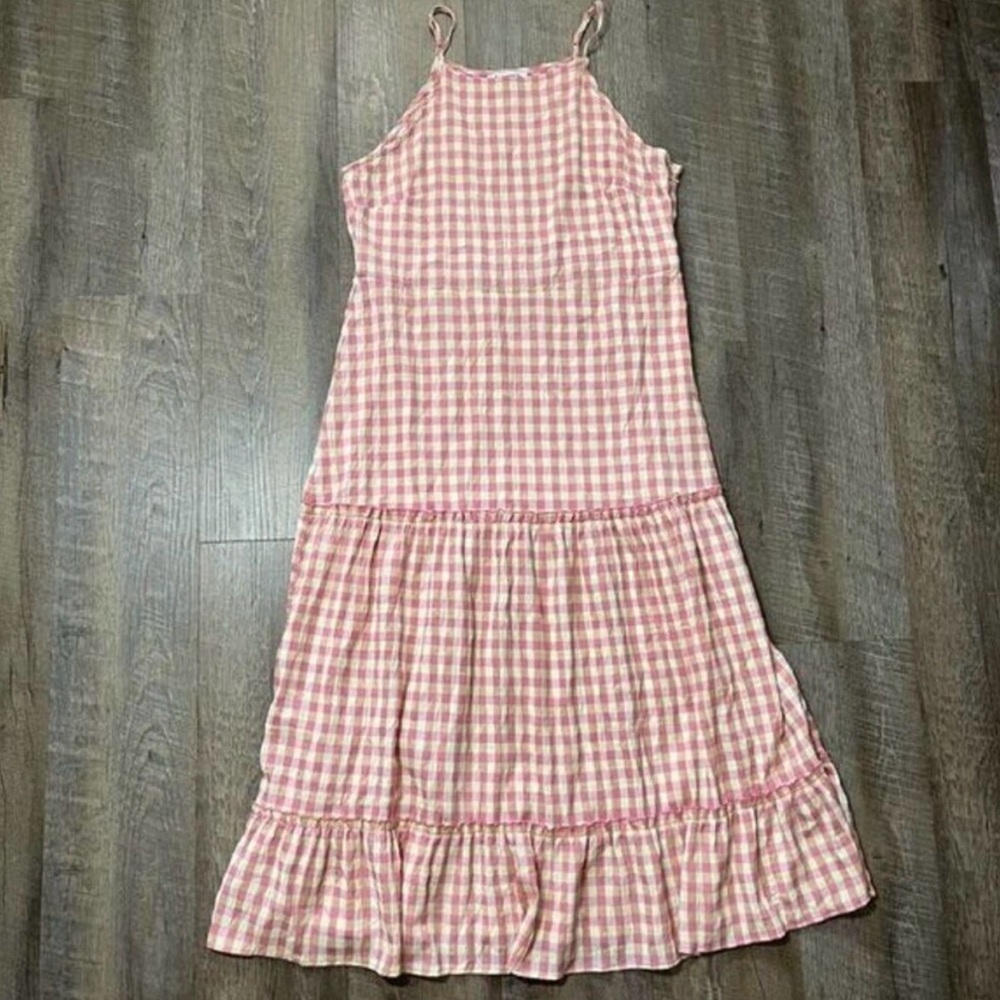 Nanette Lepore Tiered Ruffled‎ Crinkle Pink Yellow Gingham Maxi Sundress Size 14